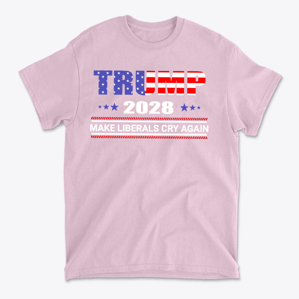 Trump 2028 Make Liberals Cry Again graphic t-shirt in light pink with patriotic design, perfect for conservative supporters.