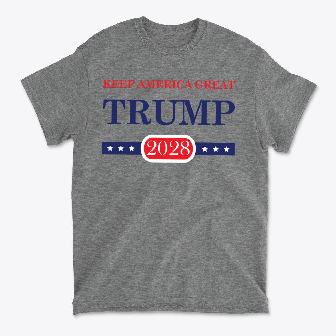 Support Trump Keep America 2028 graphic t-shirt in gray, featuring patriotic design with stars and bold text.