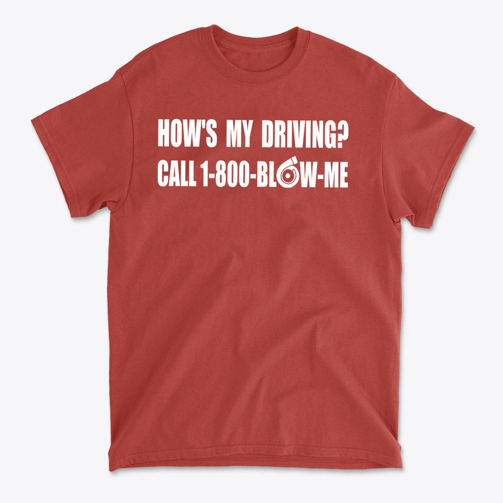 How is My Driving Novelty Car Tee in red with humorous graphic design, featuring text about driving.
