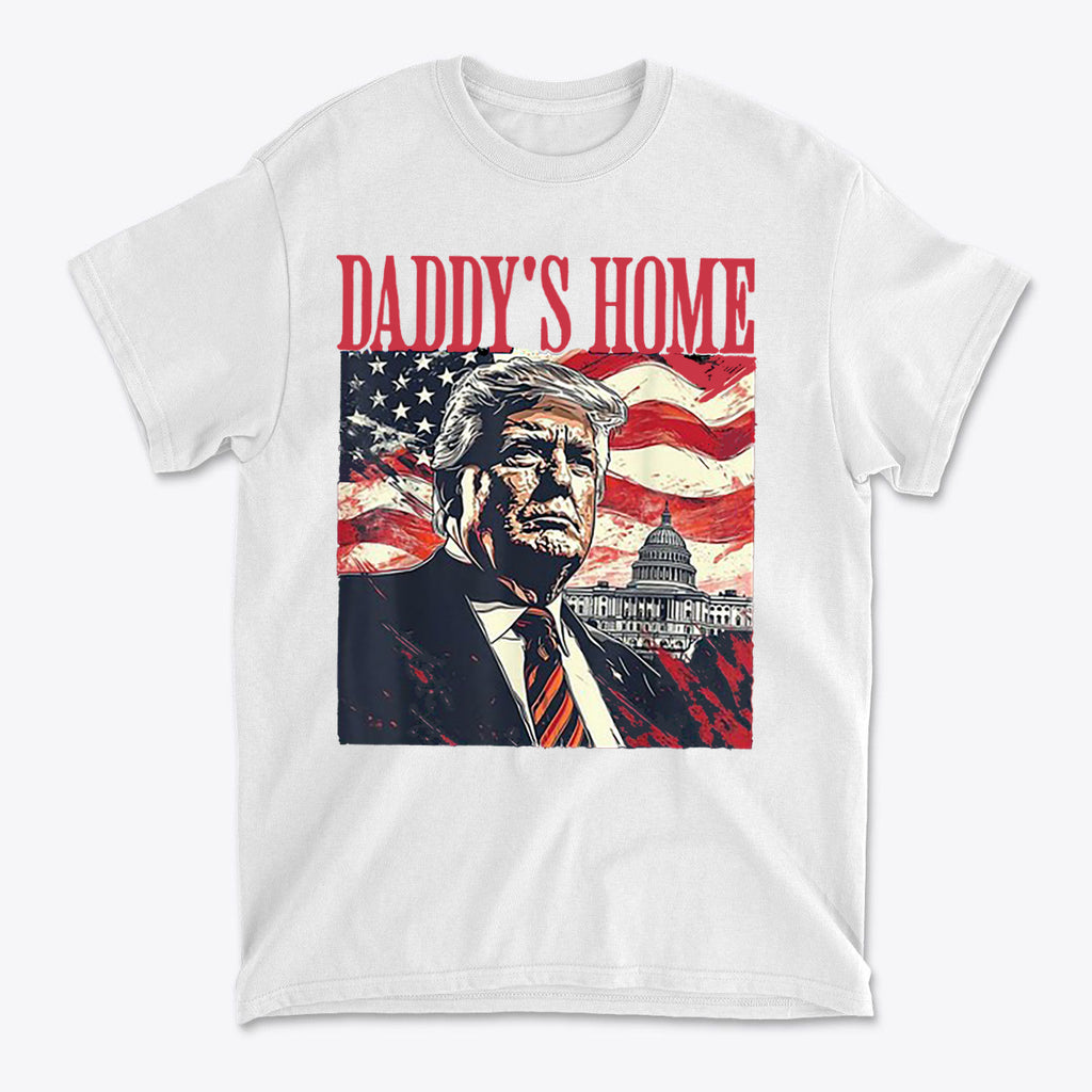 Daddy's Home Trump With American Flag and Capitol graphic t-shirt featuring patriotic design.