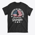 Honoring All Who Served Thank You Veterans graphic t-shirt with American flag design and patriotic message.