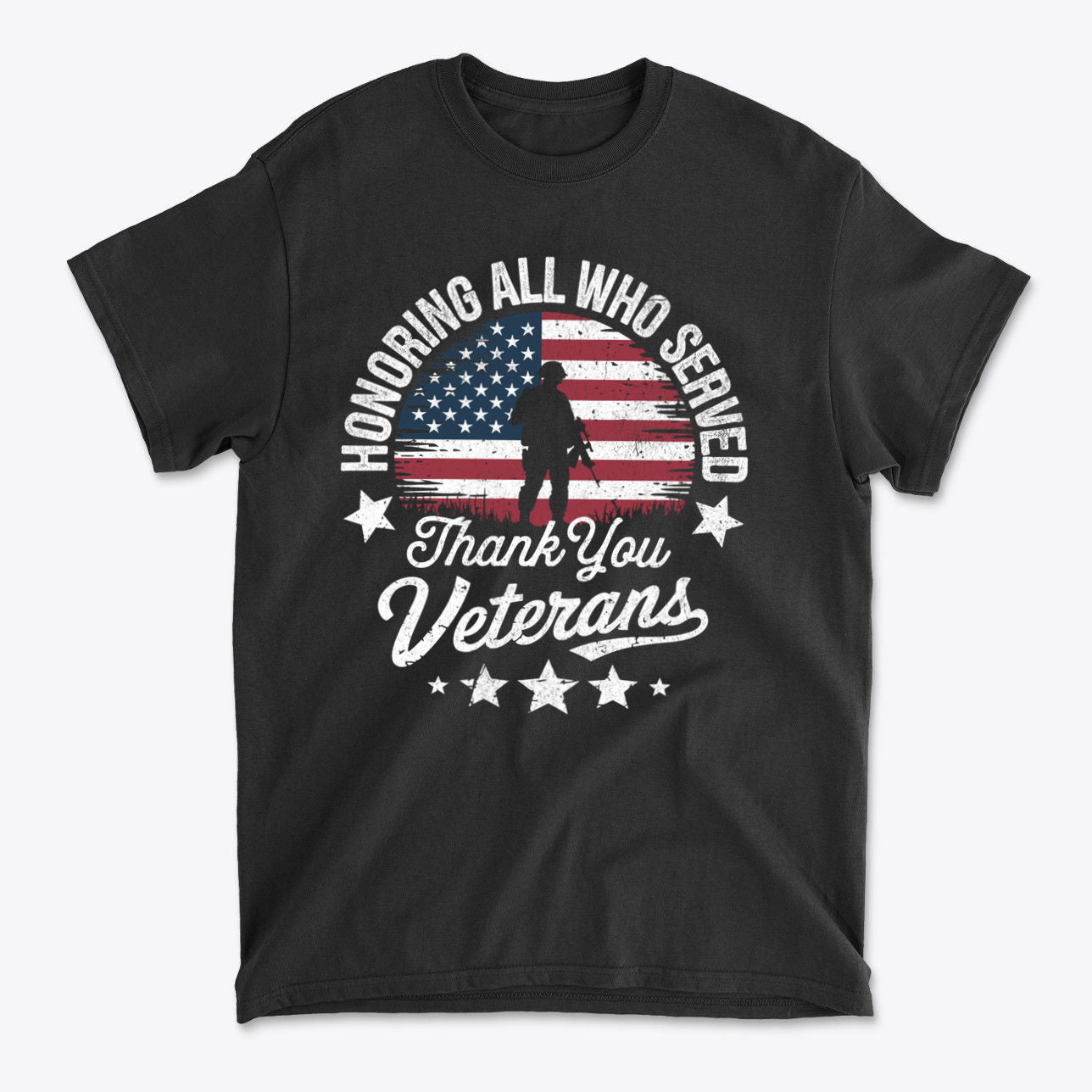 Honoring All Who Served Thank You Veterans graphic t-shirt with American flag design and patriotic message.