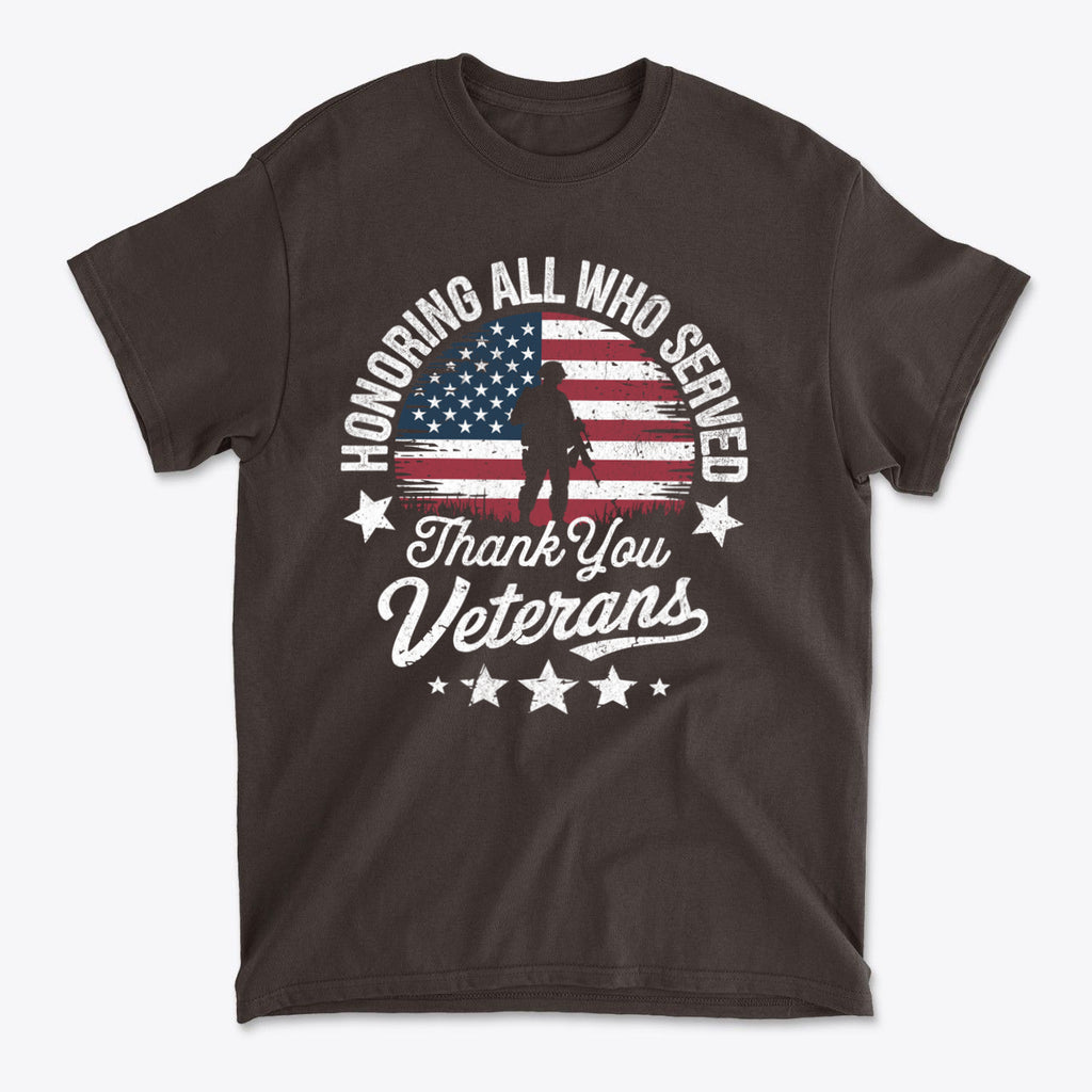 Honoring All Who Served Thank You Veterans graphic t-shirt featuring a soldier silhouette and American flag.