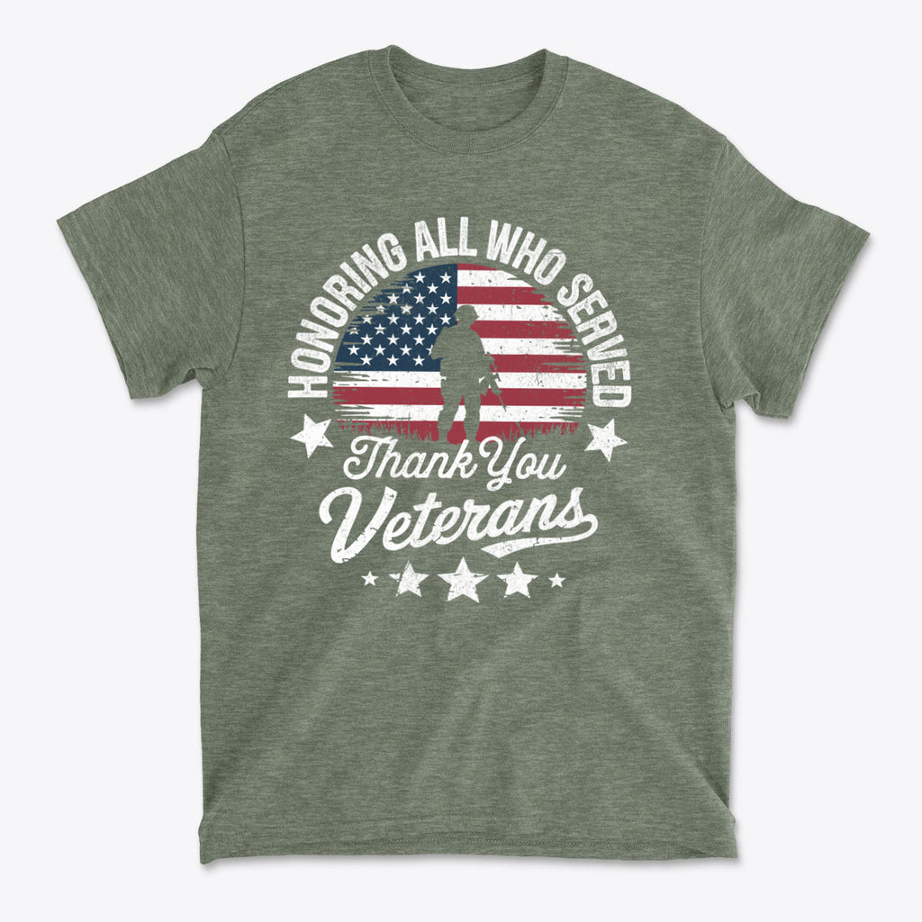 Honoring All Who Served Thank You Veterans – Premium graphic t-shirt design featuring patriotic elements.