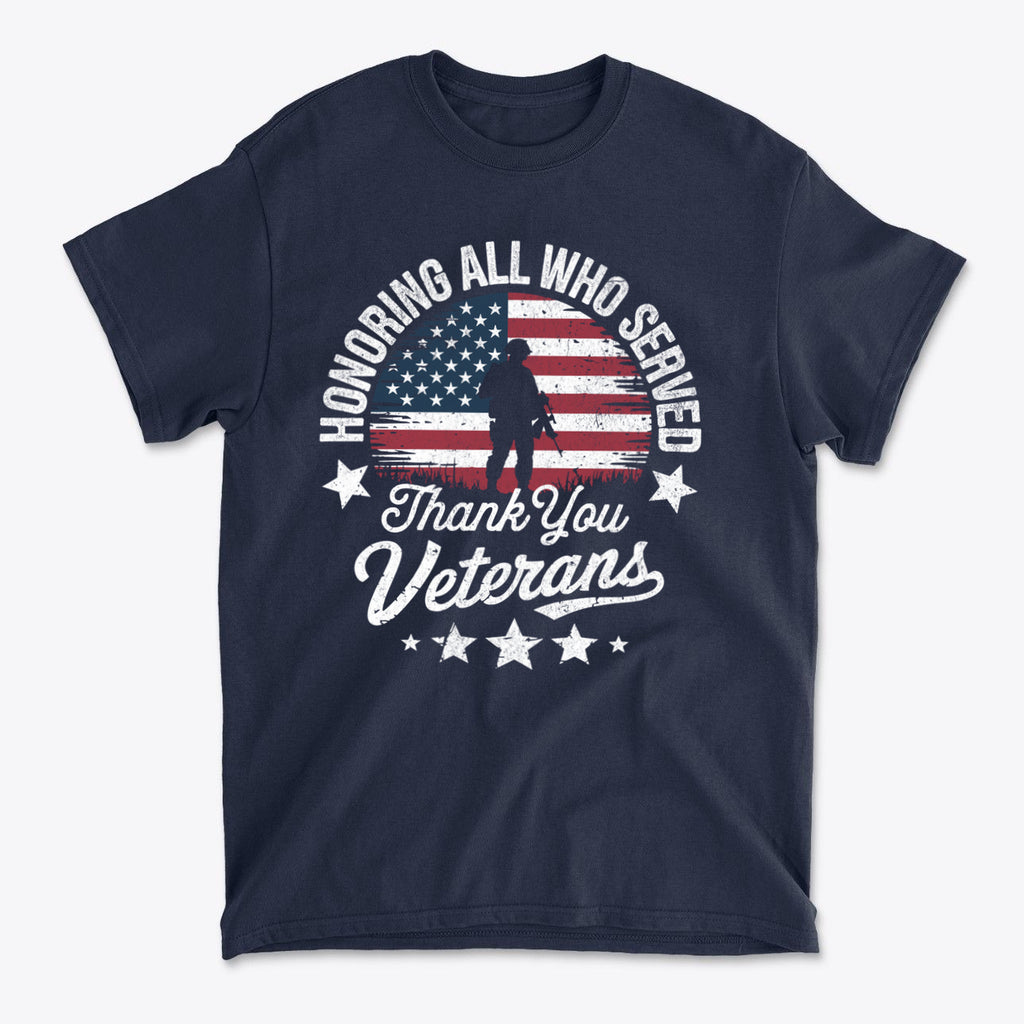 Honoring All Who Served Thank You Veterans graphic t-shirt featuring patriotic design with American flag.