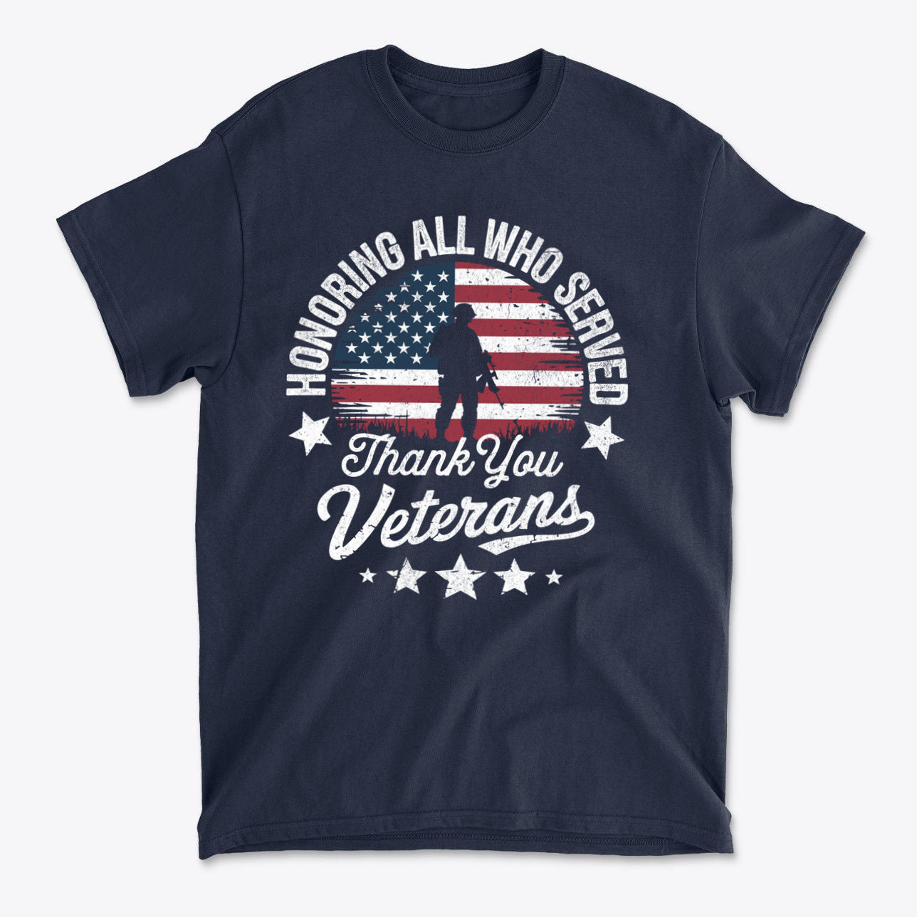 Honoring All Who Served Thank You Veterans graphic t-shirt featuring patriotic design with American flag.