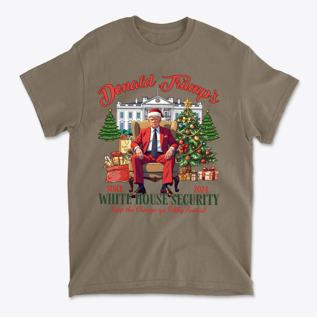 Donald Trump White House Security 2 shirt featuring Trump in Santa hat, holiday theme with gifts and Christmas tree.