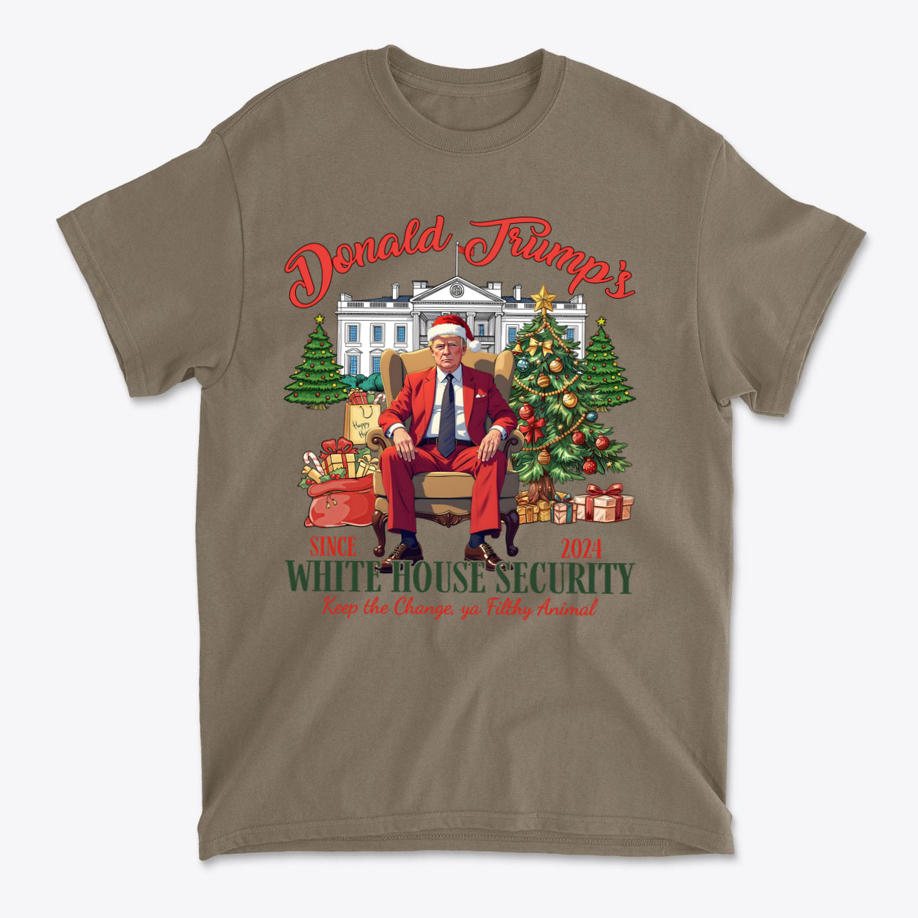 Donald Trump White House Security 2 shirt featuring Trump in Santa hat, holiday theme with gifts and Christmas tree.