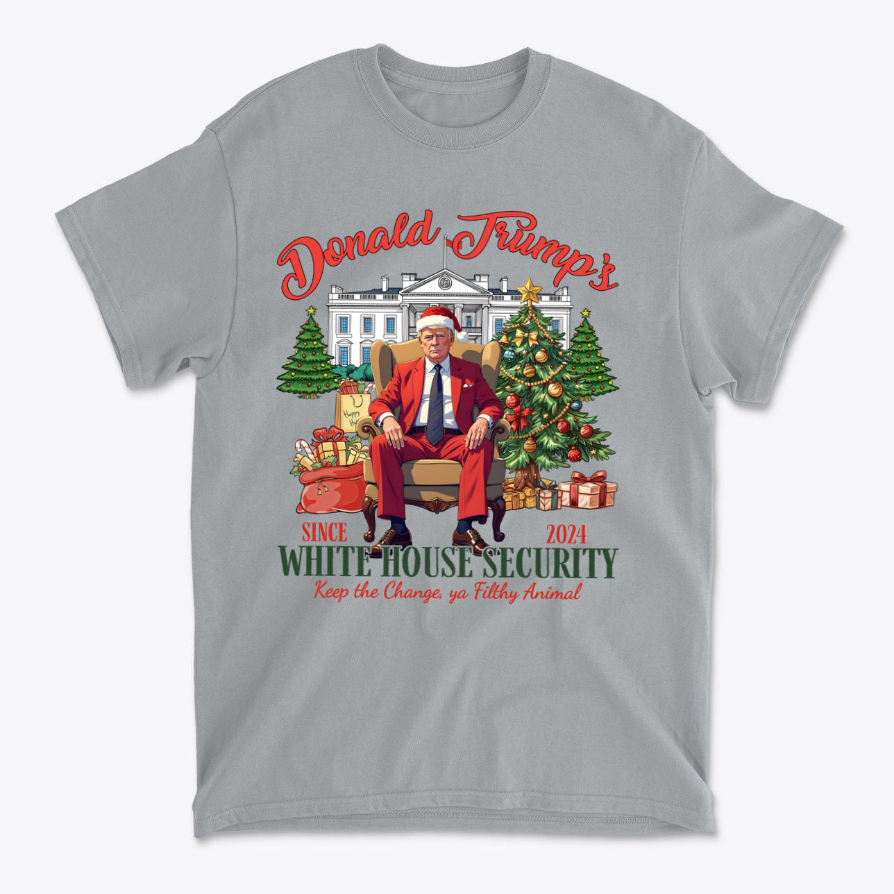 Donald Trump White House Security 2 shirt featuring a festive design with Trump in Santa hat, promoting strength and patriotism.