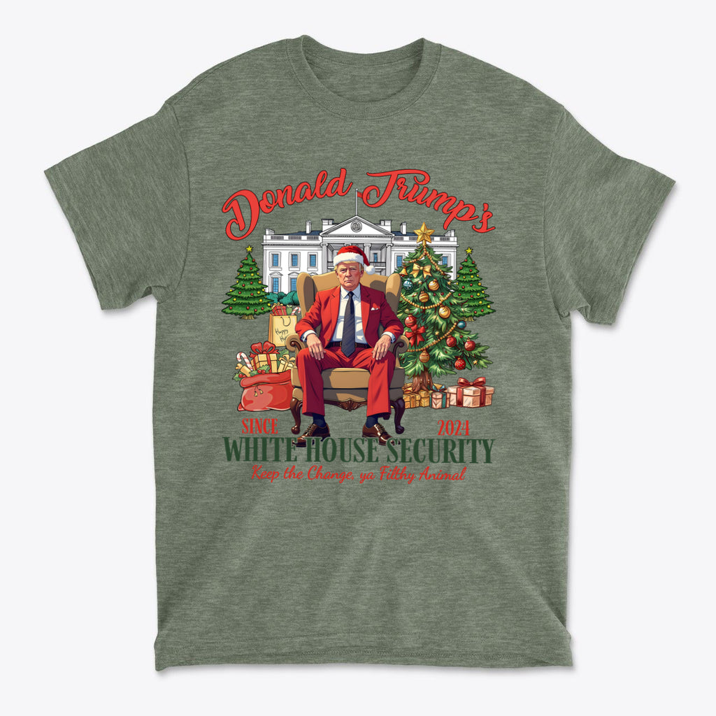 Donald Trump White House Security 2 shirt featuring Santa Trump sitting with gifts and a Christmas tree.