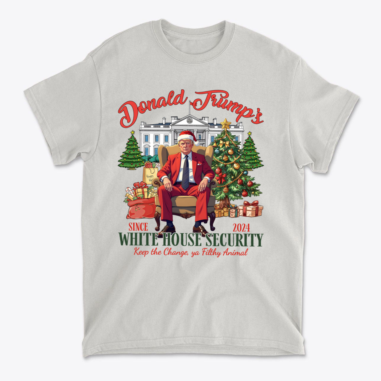 Donald Trump White House Security 2 shirt featuring a festive design with Trump in a Santa hat, surrounded by Christmas trees and gifts.