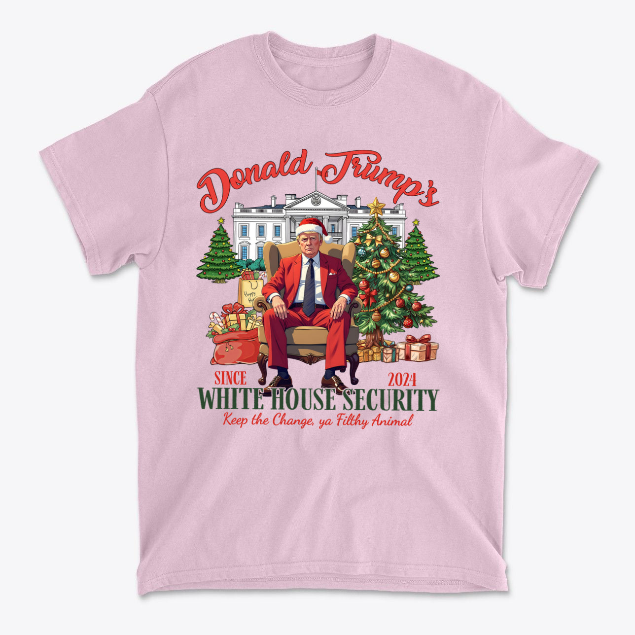 Donald Trump White House Security 2 shirt featuring a festive design with Trump in a Santa hat.