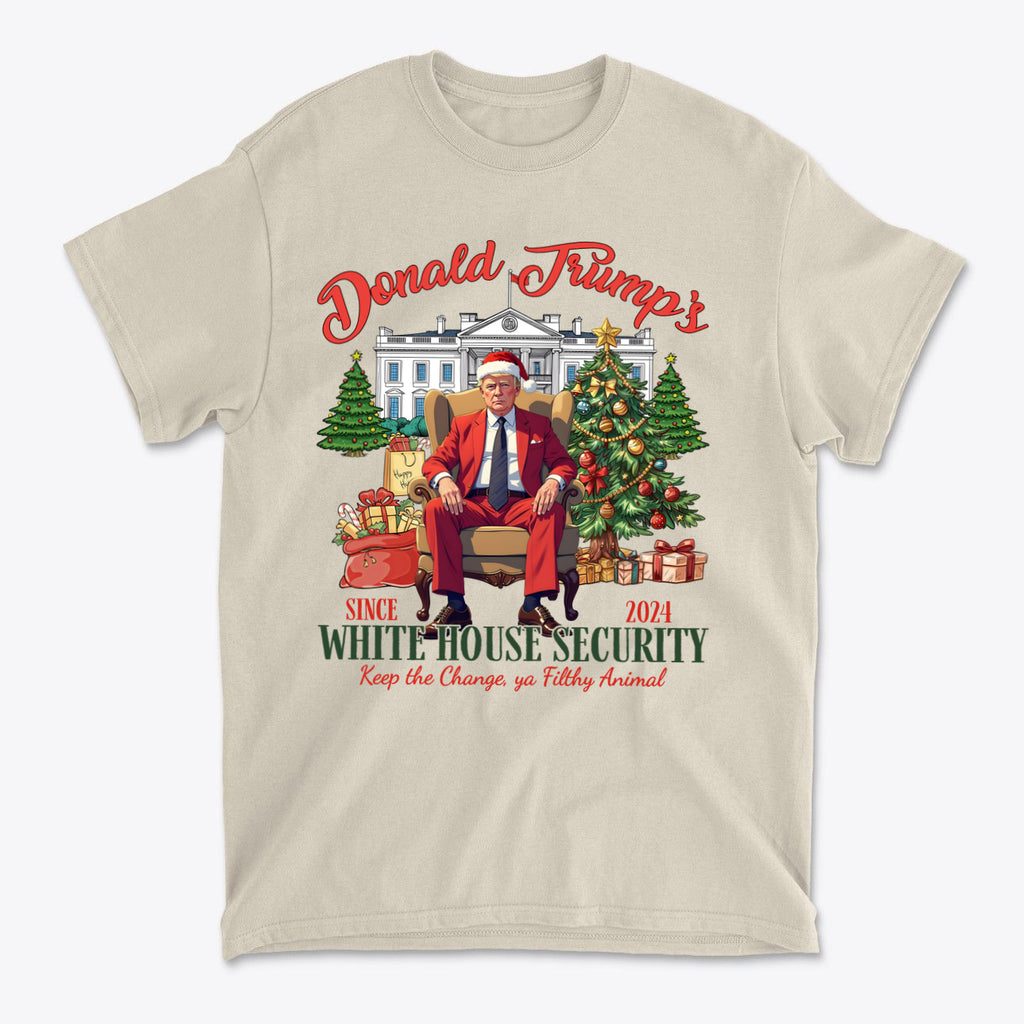Donald Trump White House Security 2 shirt featuring festive design with Trump sitting in holiday attire.