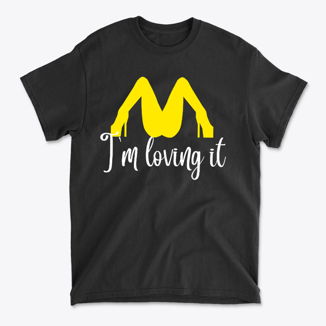 I’m Loving It Fun Casual Graphic T-Shirt Design with a stylish yellow graphic on a black shirt.