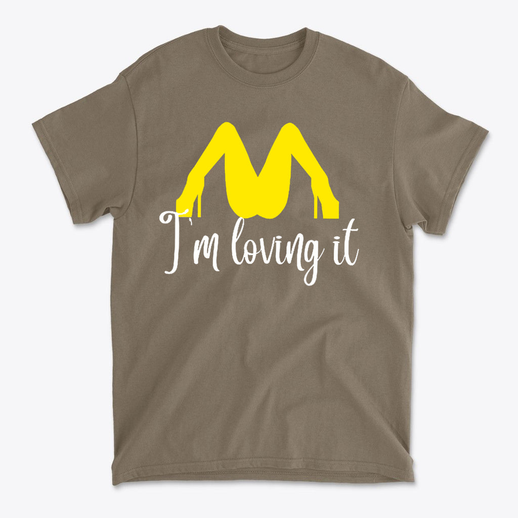 I’m Loving It Fun Casual Graphic T-Shirt Design featuring bold yellow graphic on a brown tee.