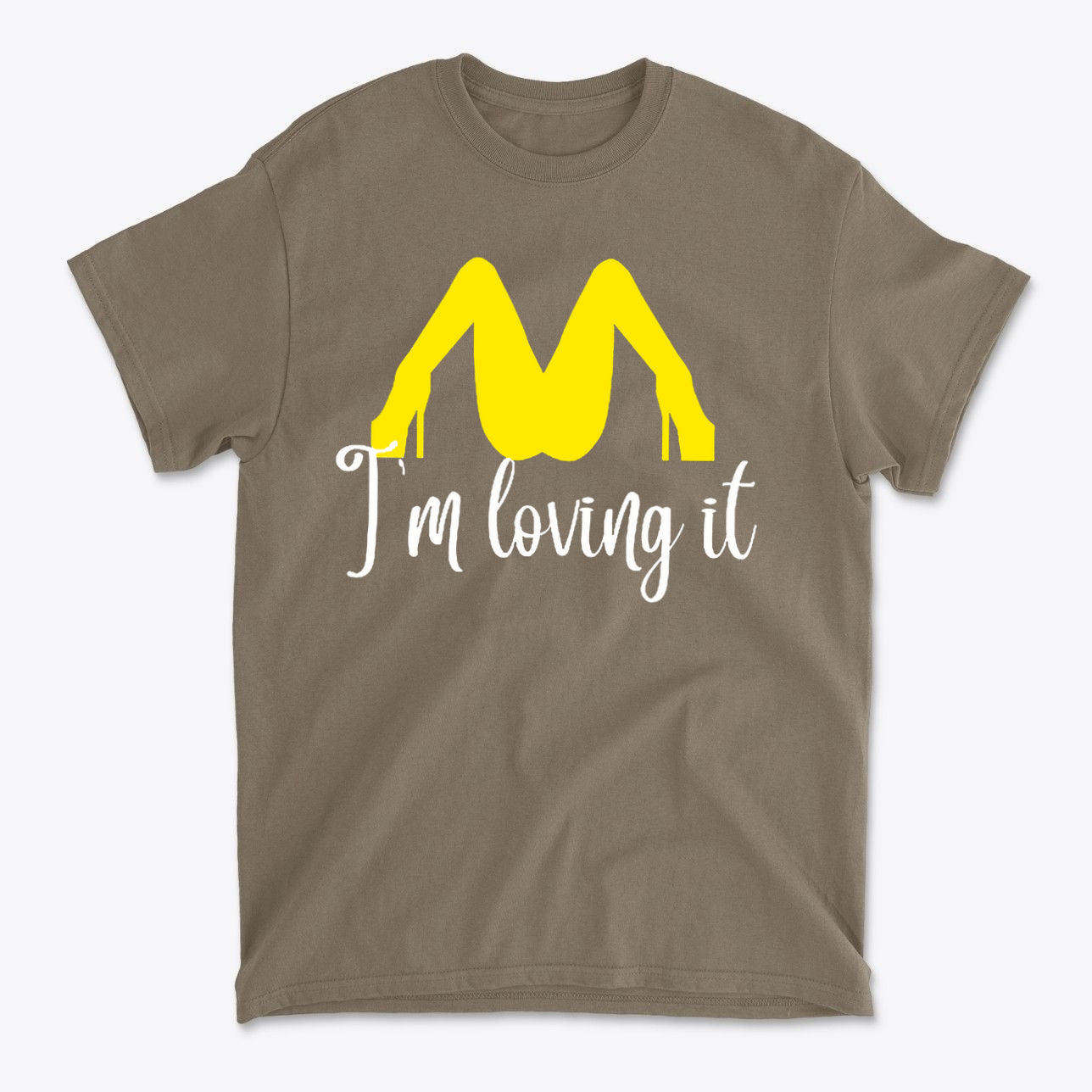 I’m Loving It Fun Casual Graphic T-Shirt Design featuring bold yellow graphic on a brown tee.