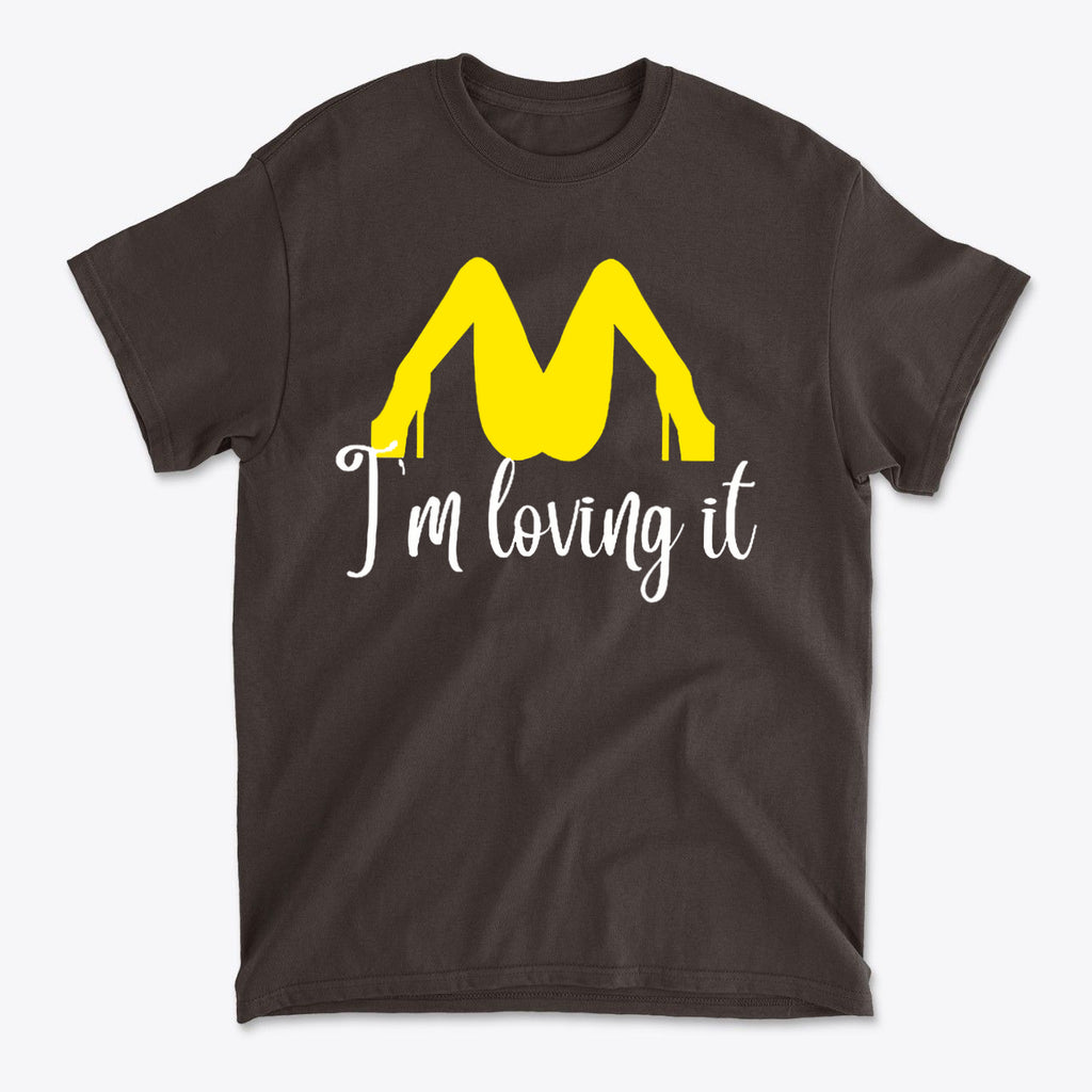 I’m Loving It Fun Casual Graphic T-Shirt Design in black with yellow heels and stylish text.