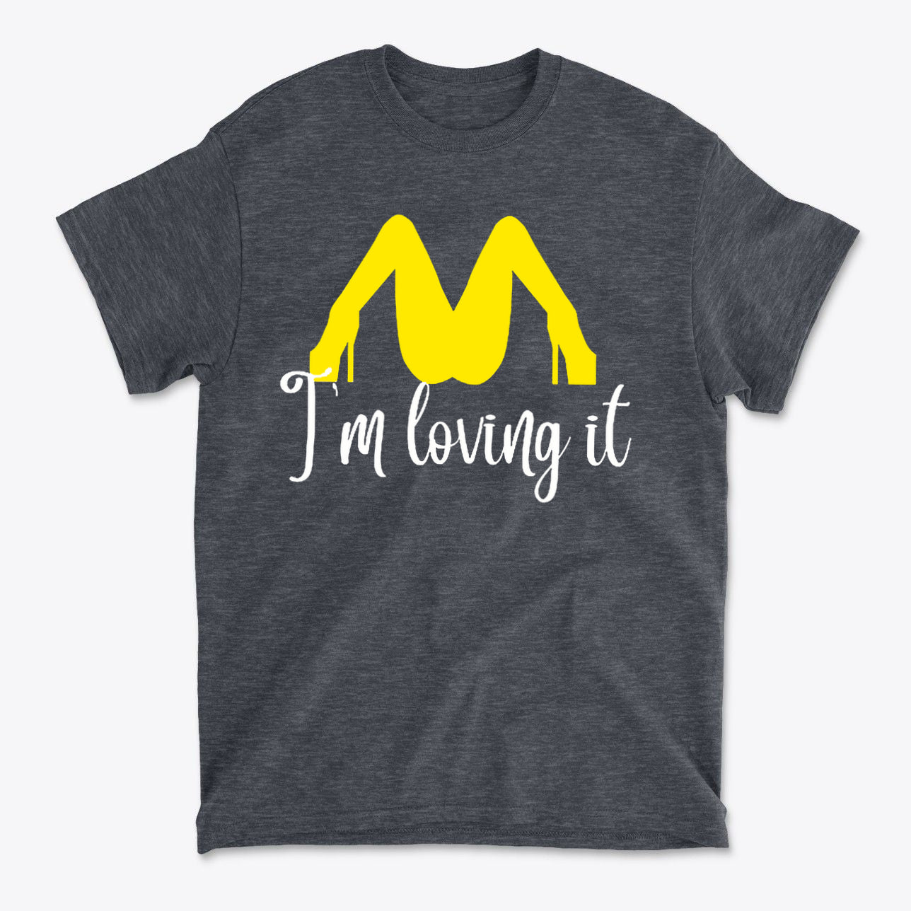 I’m Loving It Fun Casual Graphic T-Shirt Design featuring a yellow graphic on a dark tee.