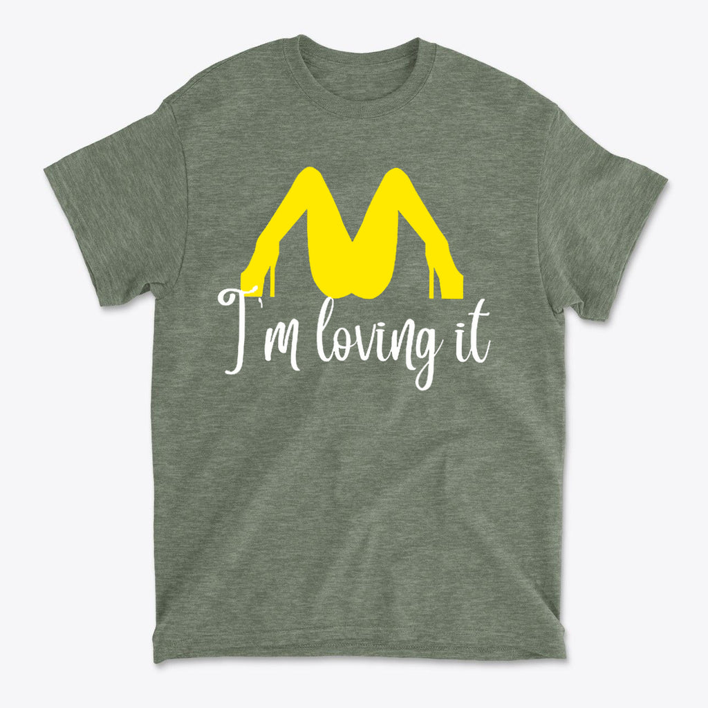 I’m Loving It Fun Casual Graphic T-Shirt Design featuring a playful graphic in yellow on a gray tee.
