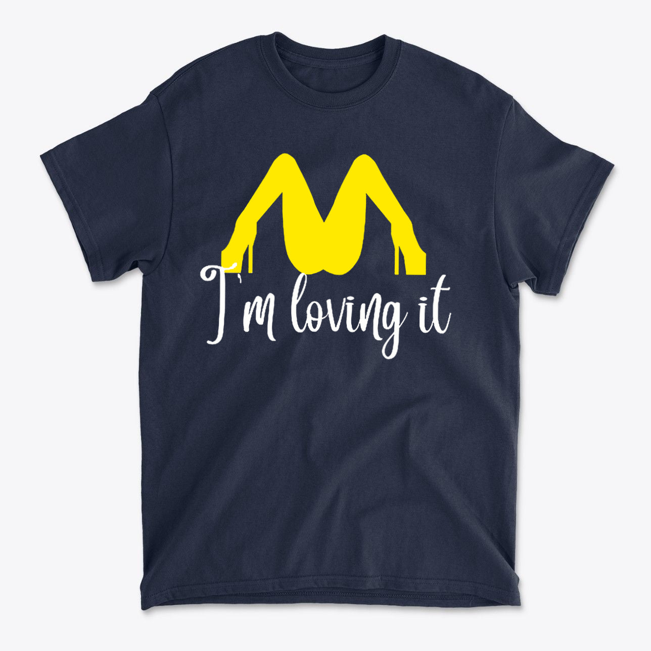 I’m Loving It Fun Casual Graphic T-Shirt Design featuring vibrant yellow graphic on navy background.