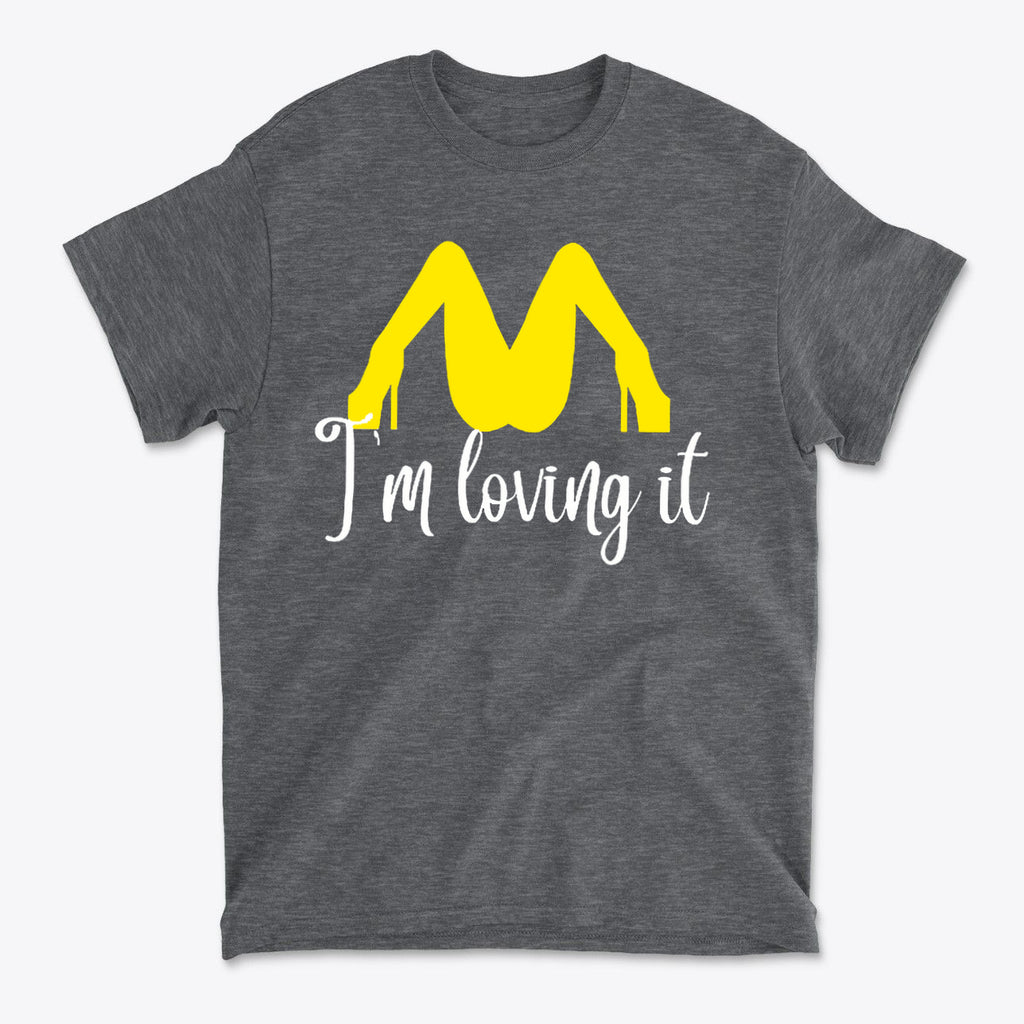 I’m Loving It Fun Casual Graphic T-Shirt Design featuring a playful graphic in yellow on a dark gray tee.