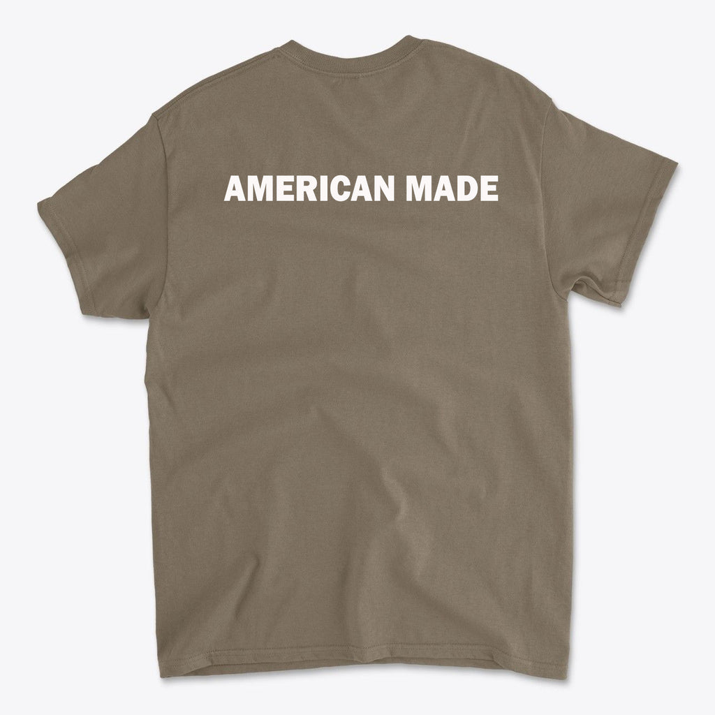 Back view of shirt featuring bold text 'AMERICAN MADE' promoting Authentic American Made Apparel.