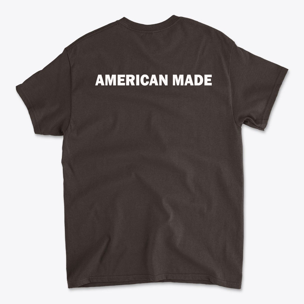 Authentic American Made Apparel featuring a stylish back design saying 'AMERICAN MADE' in bold white text.
