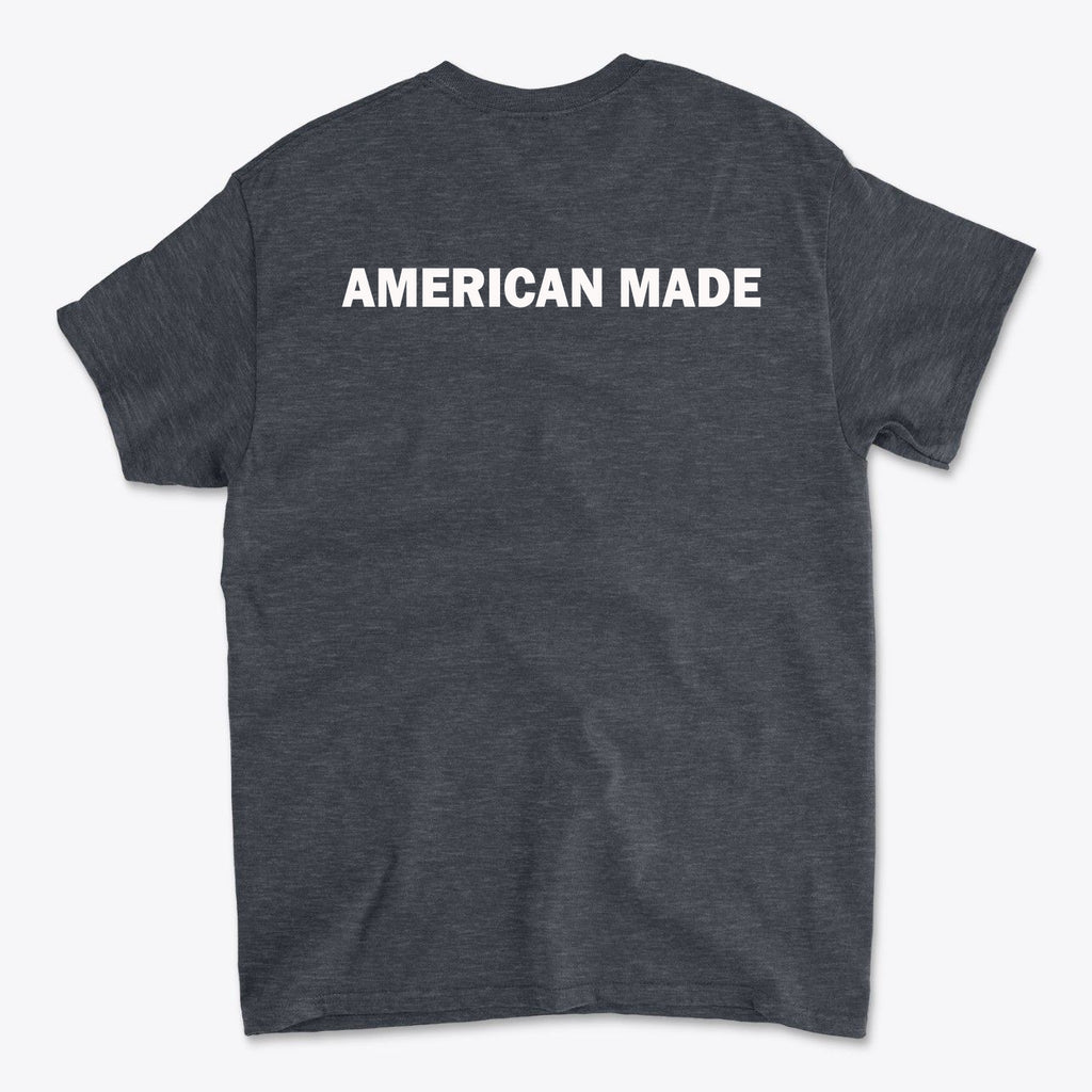 Back view of a dark shirt featuring the phrase 'AMERICAN MADE', promoting Authentic American Made Apparel.