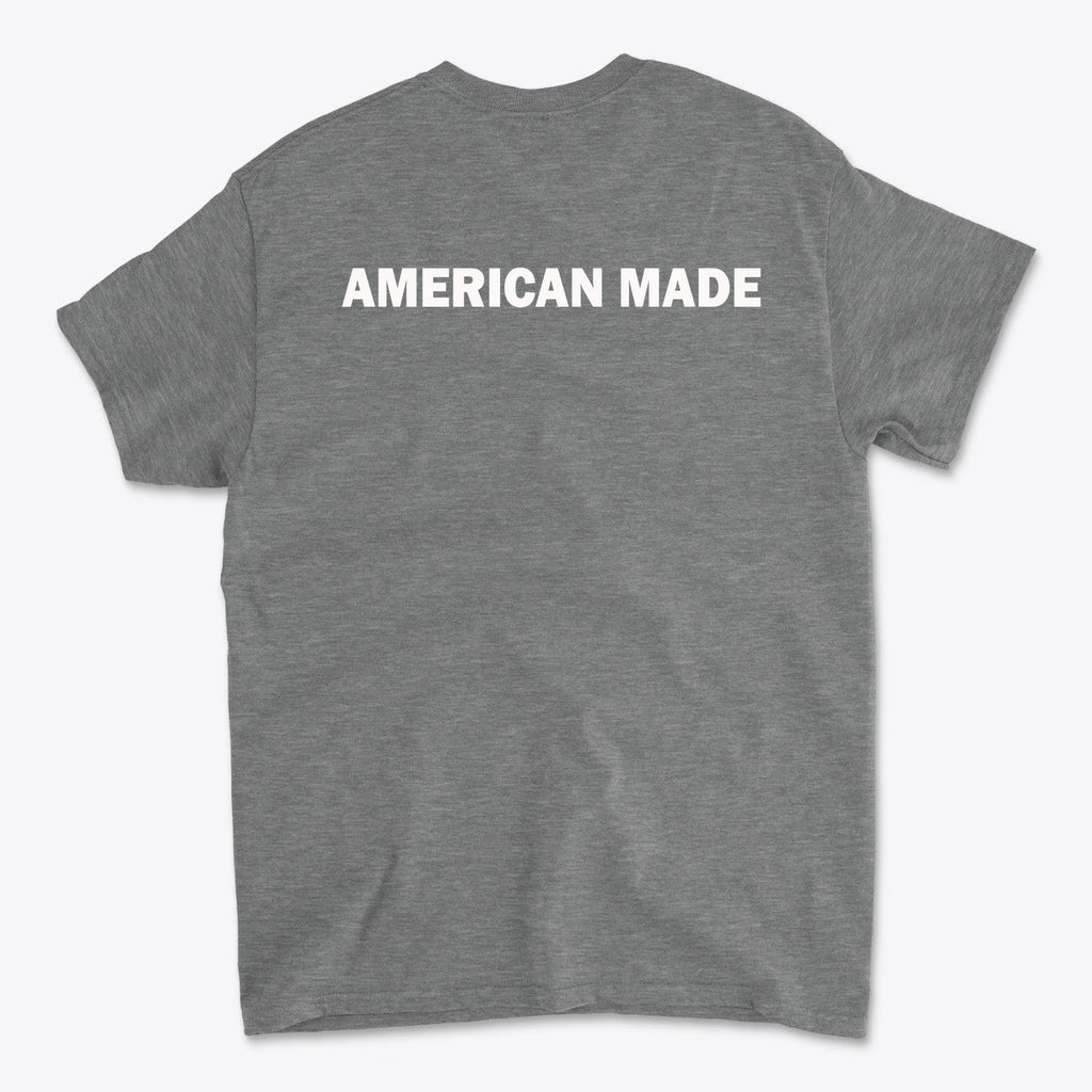 Authentic American Made Apparel t-shirt featuring bold 'AMERICAN MADE' text on the back.