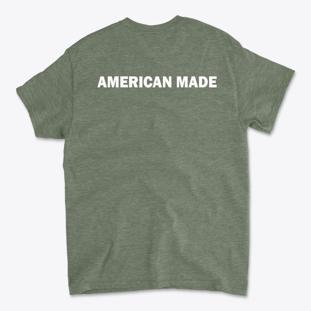 Authentic American Made Apparel shirt featuring bold 'AMERICAN MADE' text on the back.