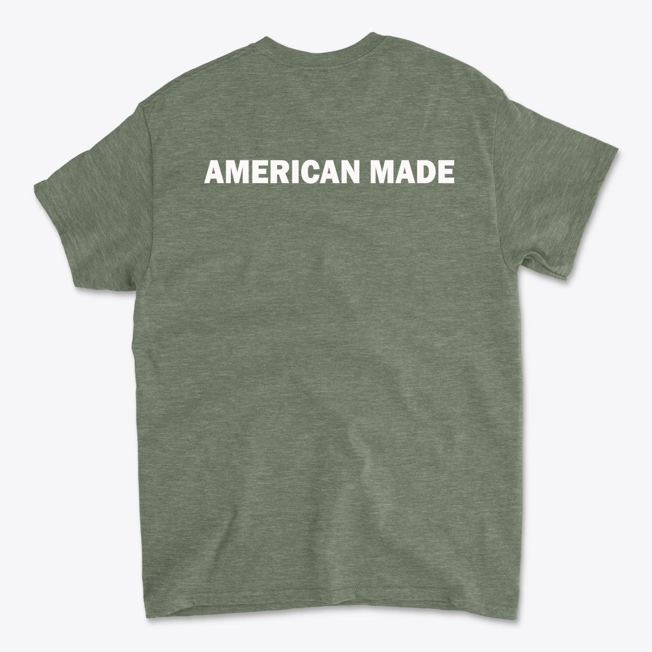 Authentic American Made Apparel shirt featuring bold 'AMERICAN MADE' text on the back.