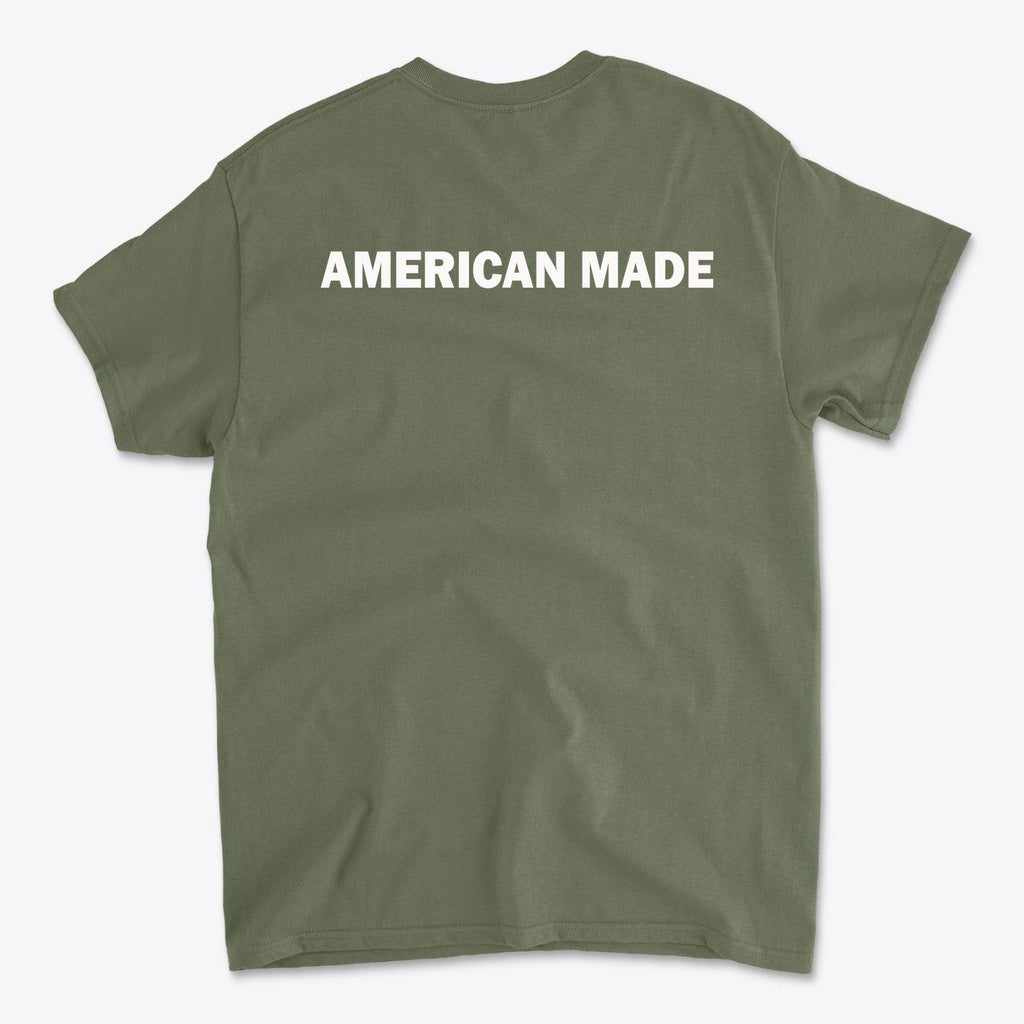 Authentic American Made Apparel featuring a stylish olive green t-shirt with 'AMERICAN MADE' printed on the back.