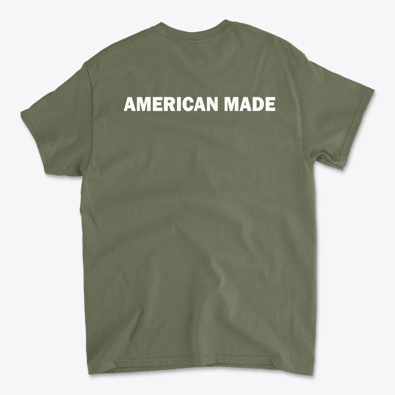 Authentic American Made Apparel featuring a stylish olive green t-shirt with 'AMERICAN MADE' printed on the back.