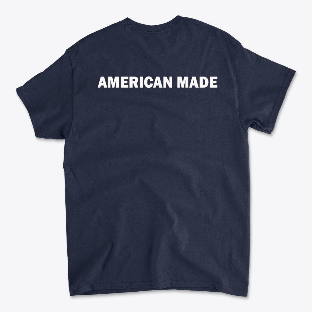 Authentic American Made Apparel featuring bold 'AMERICAN MADE' text on the back of a navy t-shirt.