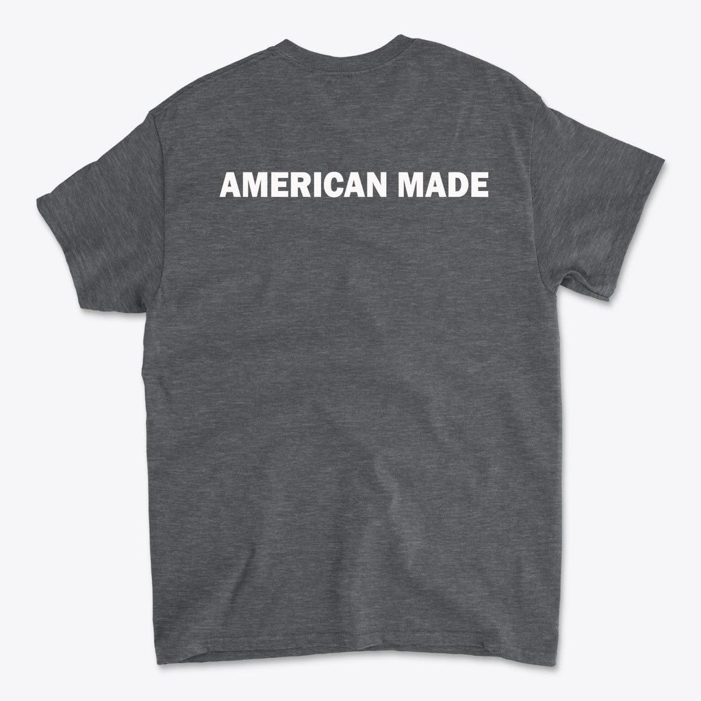 Back view of a gray shirt featuring the words 'AMERICAN MADE', representing Authentic American Made Apparel.