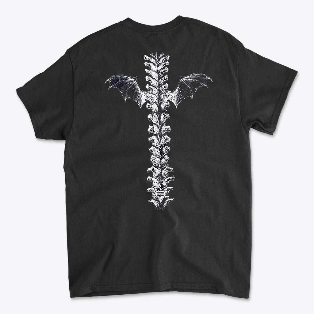 Winged Spine Back Graphic Print on black t-shirt featuring a unique spine and bat wing design.