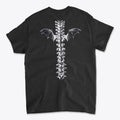 Winged Spine Back Graphic Print on black t-shirt featuring a unique spine and bat wing design.