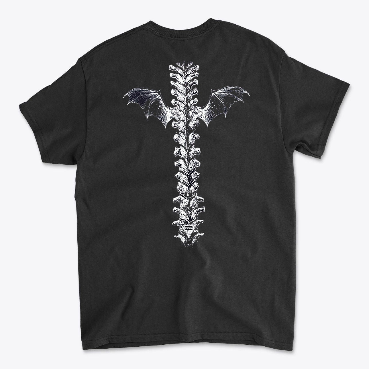 Winged Spine Back Graphic Print on black t-shirt featuring a unique spine and bat wing design.