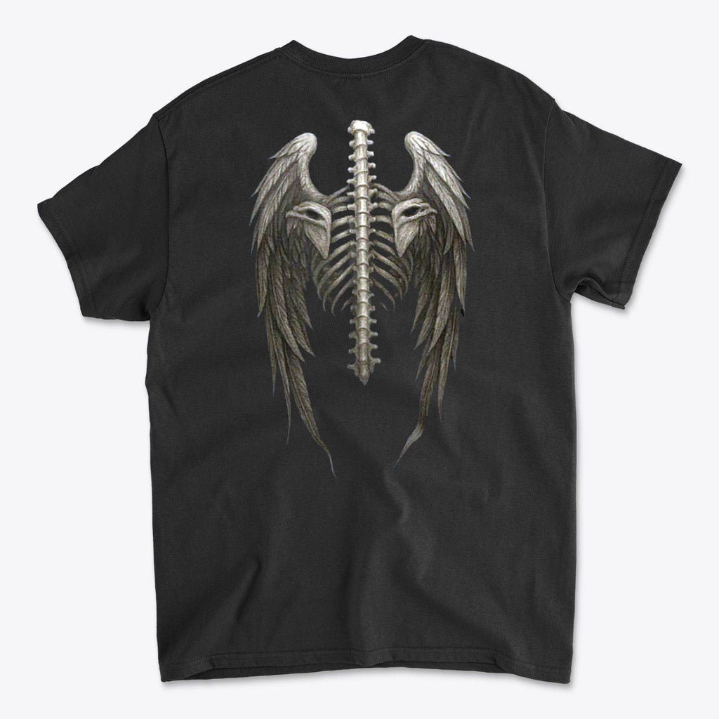 Back view of Spine Eagle Wings Back Print Tee showcasing artistic eagle wing design with skeletal spine.