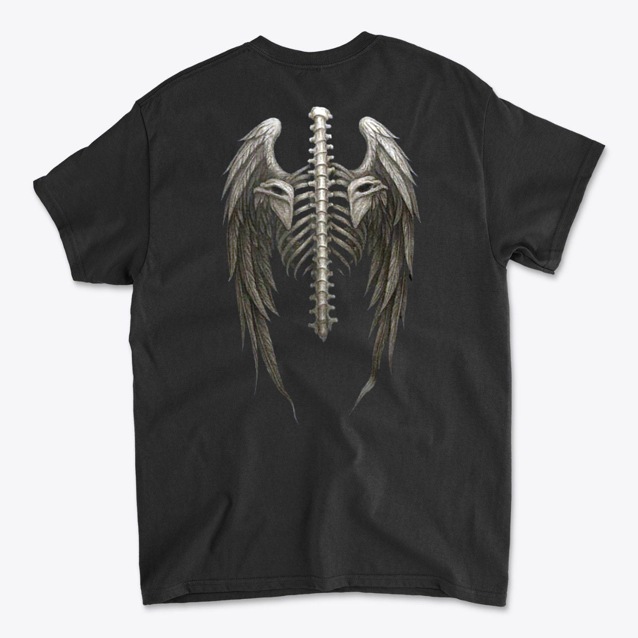Back view of Spine Eagle Wings Back Print Tee showcasing artistic eagle wing design with skeletal spine.