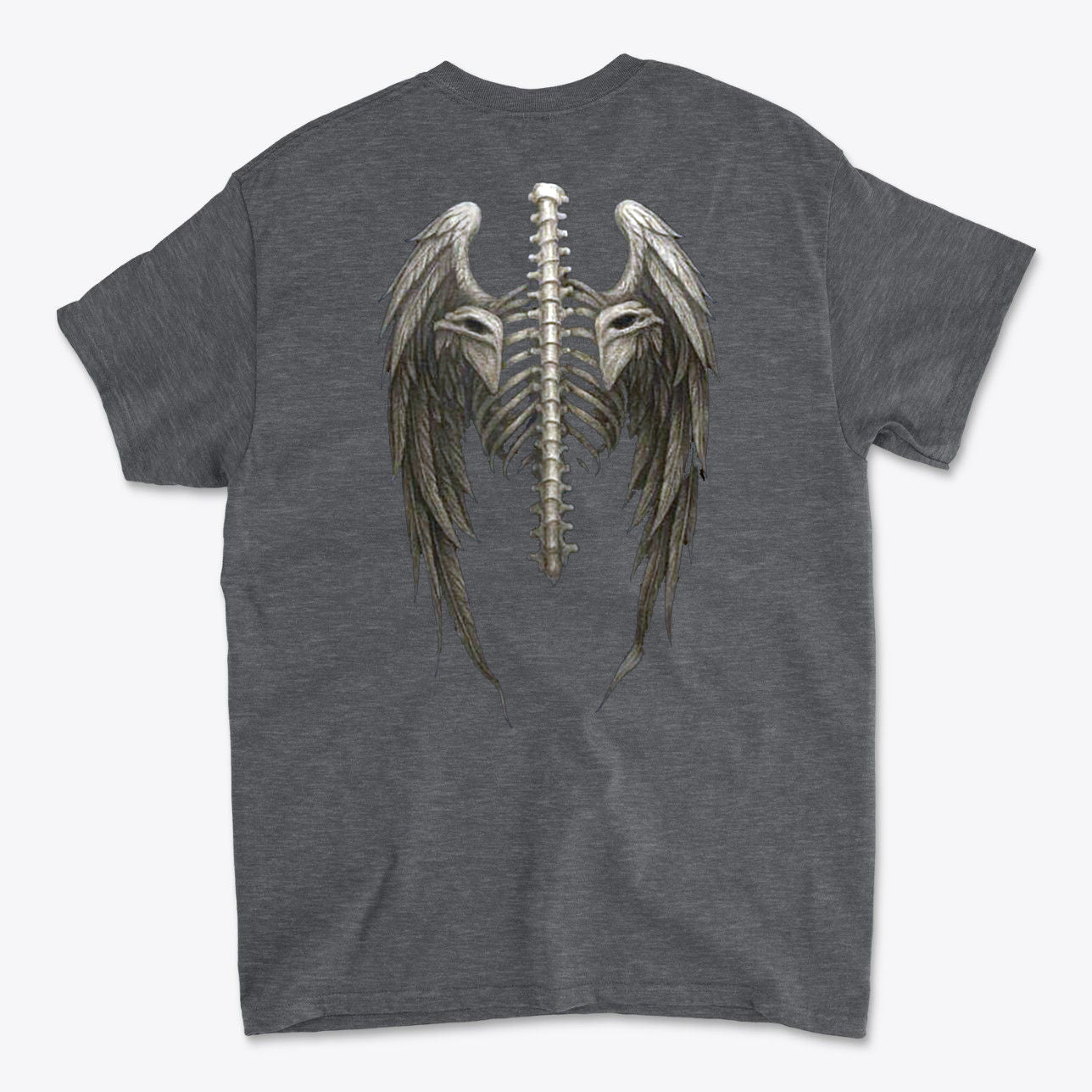 Spine Eagle Wings Back Print Tee featuring a unique graphic of eagle wings and spine on a gray t-shirt.