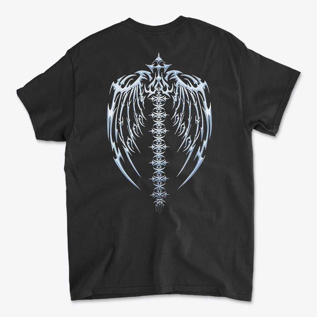 Spine Back Design Graphic Print on premium black graphic t-shirt showcasing intricate wing and spine graphics.