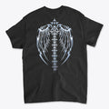 Spine Back Design Graphic Print on premium black graphic t-shirt showcasing intricate wing and spine graphics.