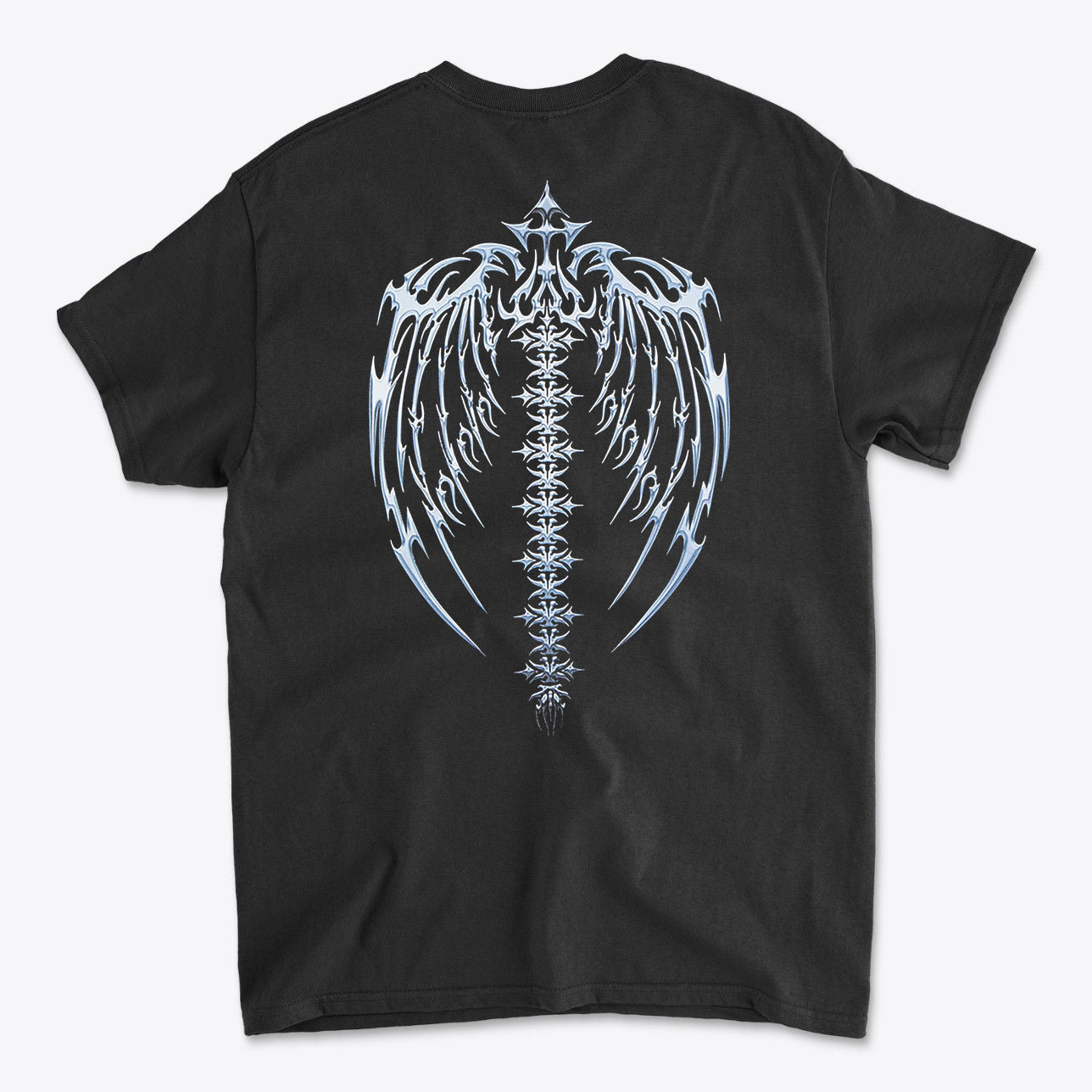 Spine Back Design Graphic Print on premium black graphic t-shirt showcasing intricate wing and spine graphics.
