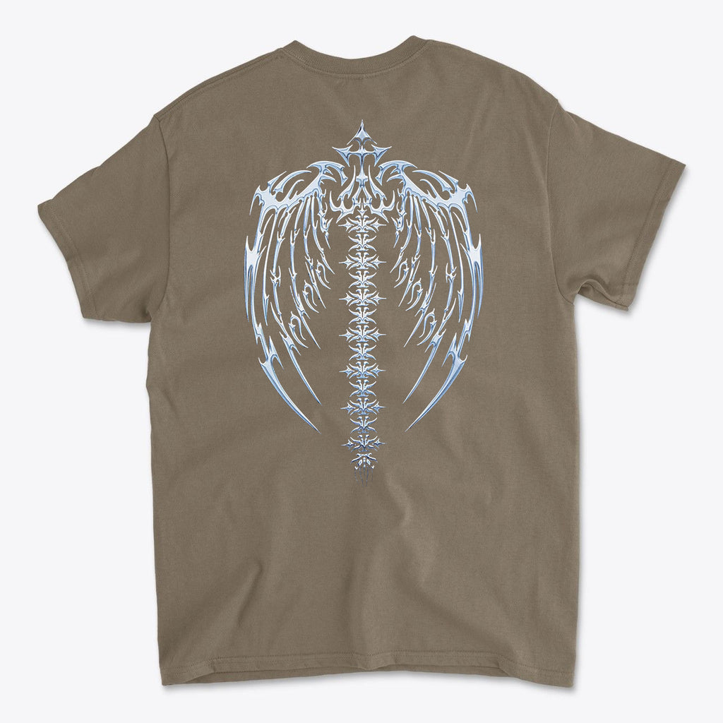 Spine Back Design Graphic Print on a brown t-shirt, featuring an intricate spine-back design with wing details.