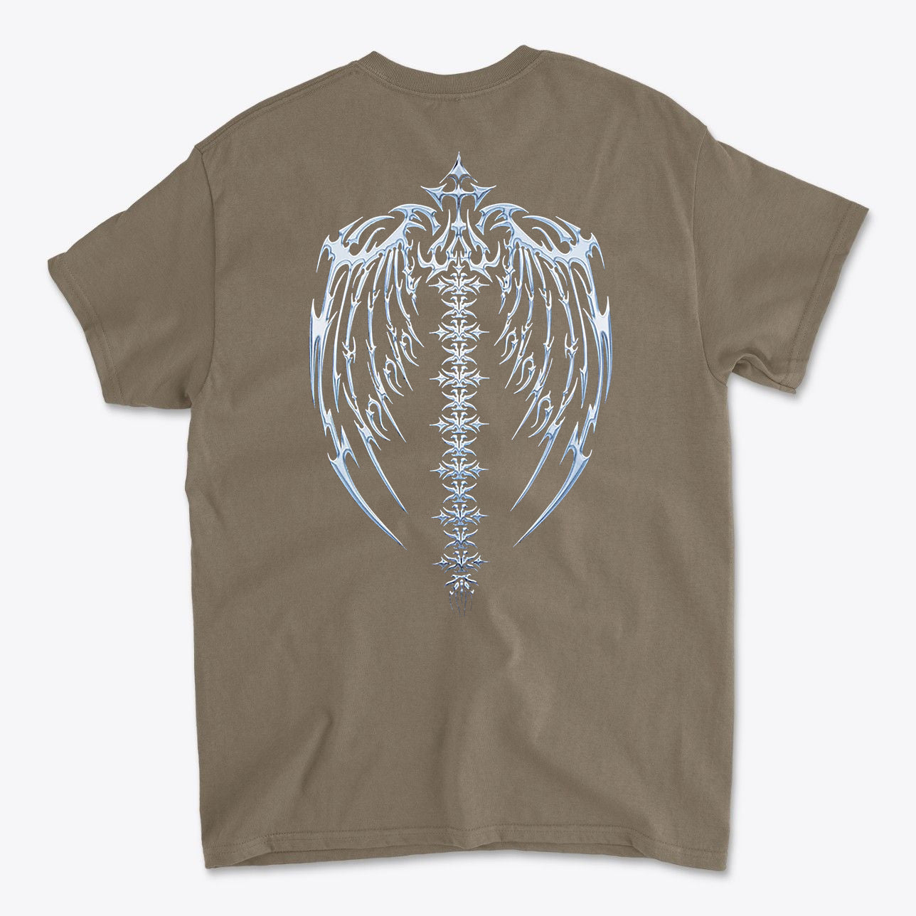 Spine Back Design Graphic Print on a brown t-shirt, featuring an intricate spine-back design with wing details.