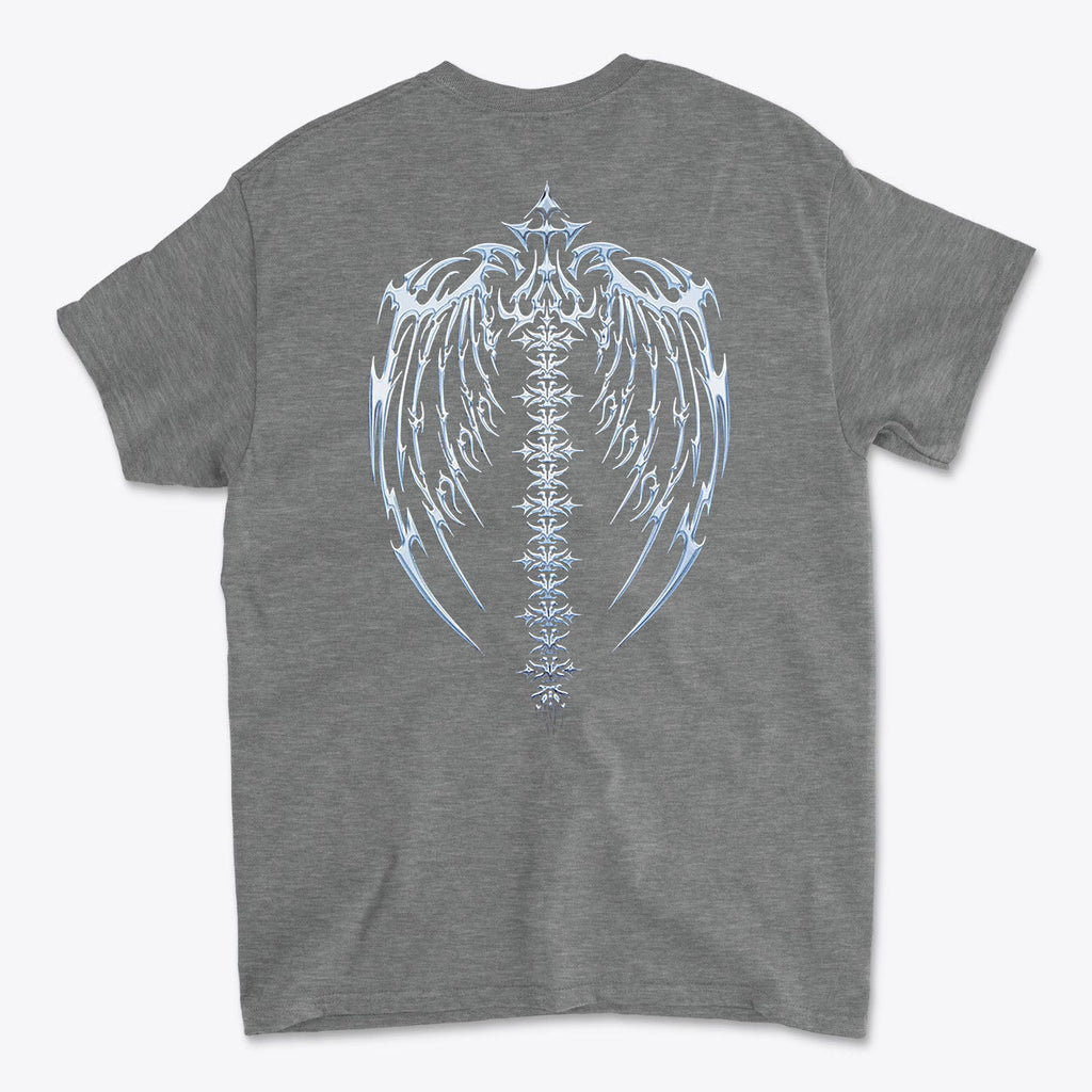 Spine Back Design Graphic Print on a premium grey t-shirt featuring a unique spine and wings graphic.