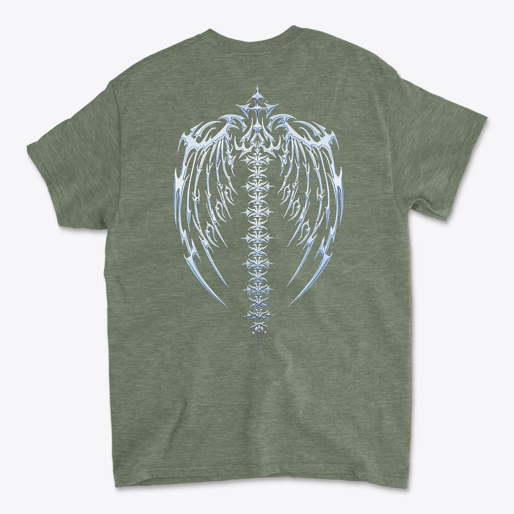 Spine Back Design Graphic Print on olive green t-shirt featuring intricate wing and spine graphic.