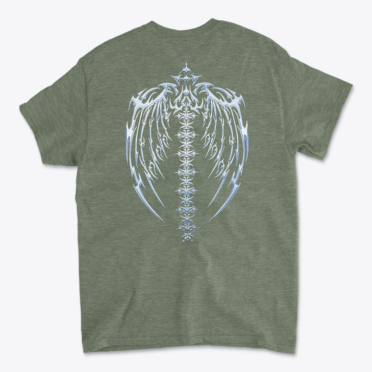 Spine Back Design Graphic Print on olive green t-shirt featuring intricate wing and spine graphic.