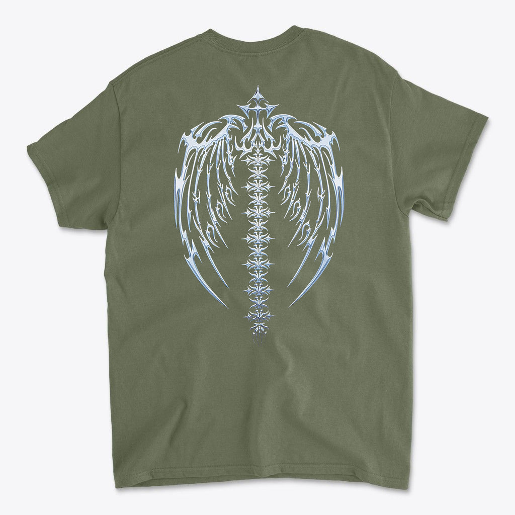 Spine Back Design Graphic Print on an olive green T-shirt featuring intricate wing and spine designs.